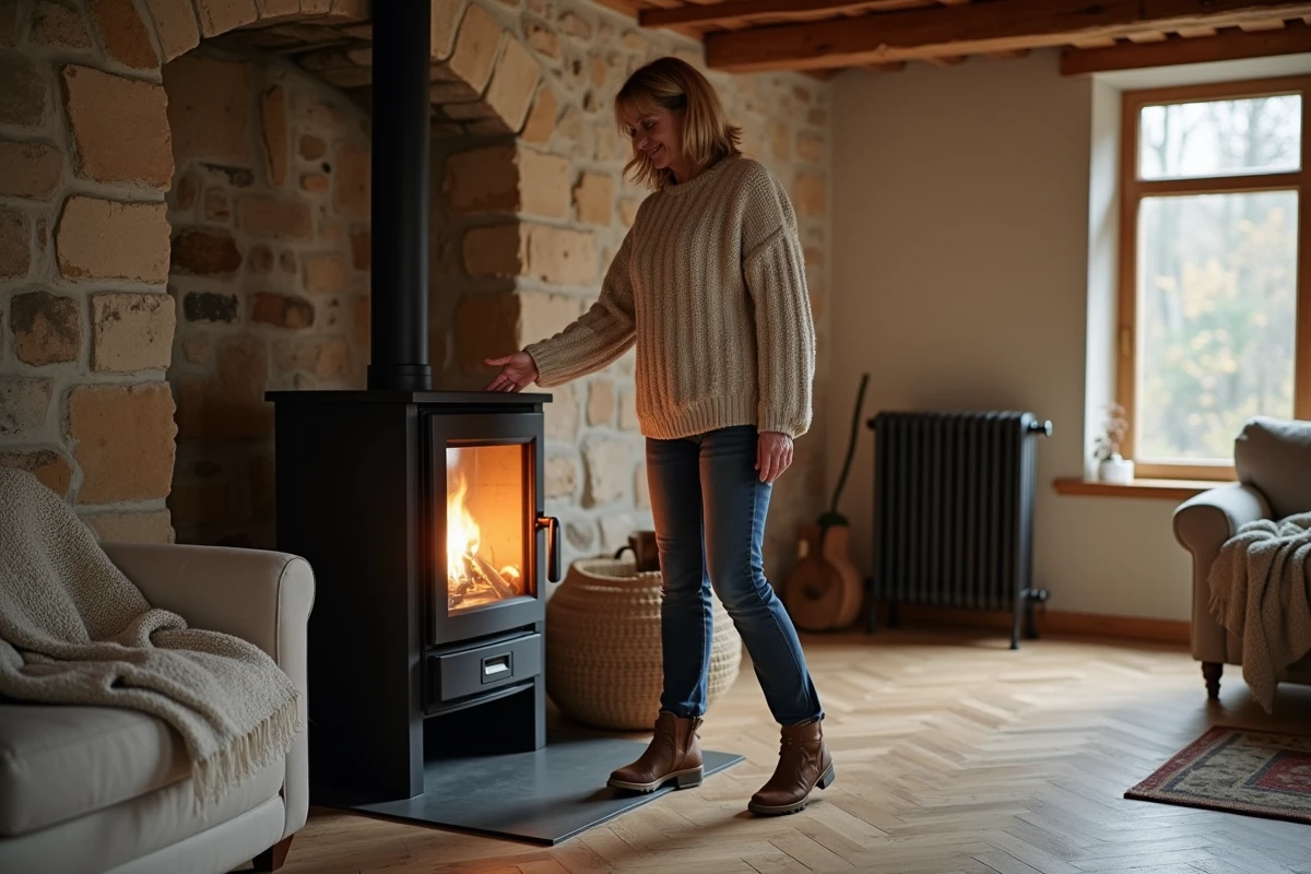 Femme en pull en laine près d'un poêle à bois moderne dans un salon avec ancien radiateur électrique en arrière-plan