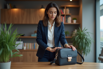 Femme professionnelle avec sac à main dans un bureau moderne