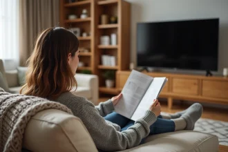 Femme parcourant le programme télé Télé Z sur son canapé devant la télévision