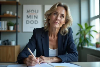 Femme réfléchie dans un bureau moderne avec posters motivants