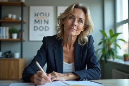 Femme réfléchie dans un bureau moderne avec posters motivants