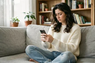 Femme en pull crème regardant son téléphone avec une expression mélancolique, assise sur un canapé en lin gris dans un appartement cosy