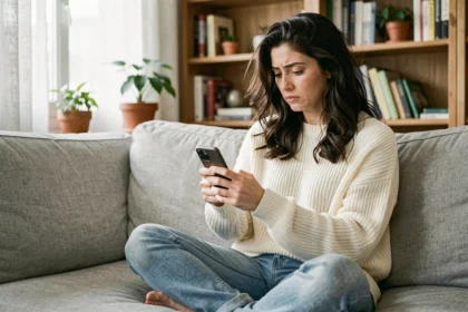 Femme en pull crème regardant son téléphone avec une expression mélancolique, assise sur un canapé en lin gris dans un appartement cosy