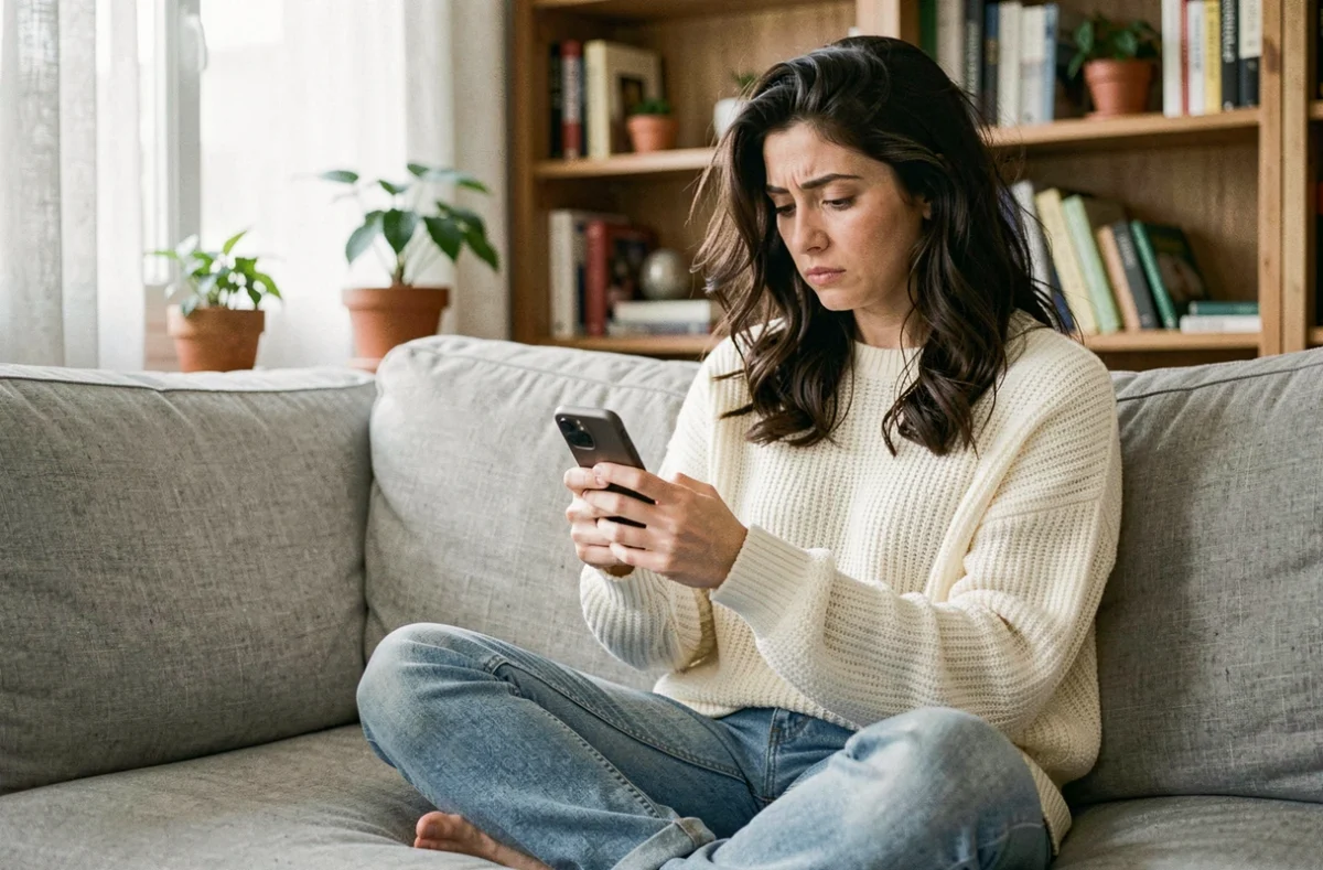 Femme en pull crème regardant son téléphone avec une expression mélancolique, assise sur un canapé en lin gris dans un appartement cosy