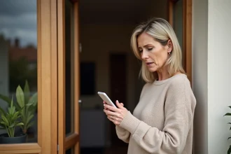 Femme consultant l'application La Poste sur son smartphone pour reprogrammer une livraison depuis son domicile