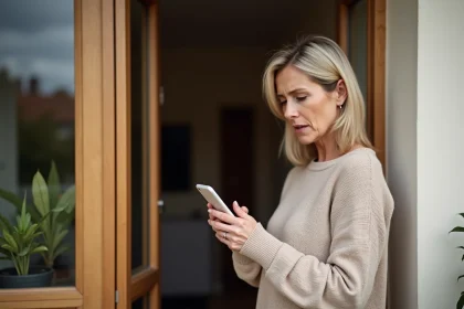 Femme consultant l'application La Poste sur son smartphone pour reprogrammer une livraison depuis son domicile