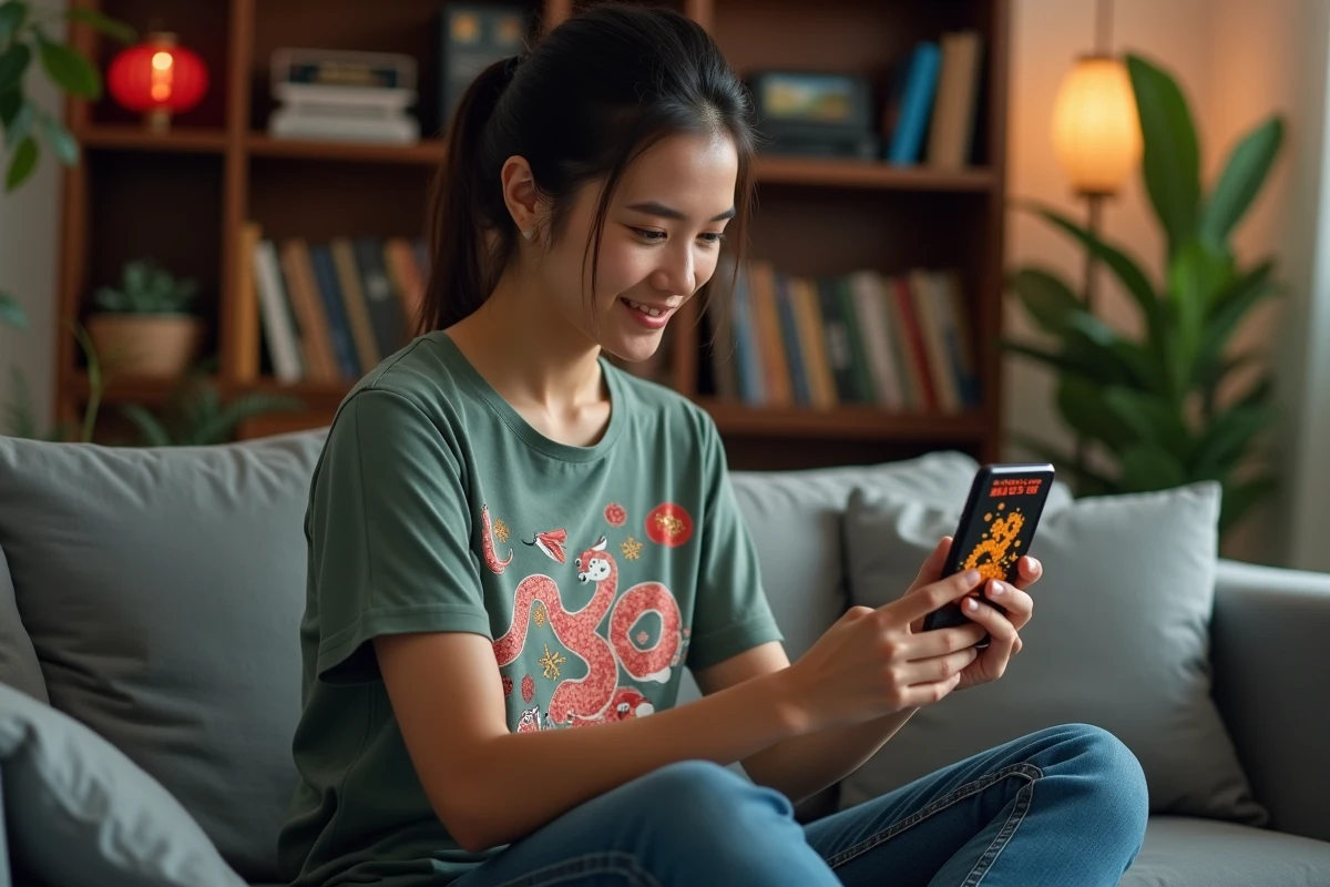 Une jeune femme passionnée de rétro gaming jouant au Google Doodle du Nouvel An Chinois Année du Serpent sur son smartphone dans son salon décoré