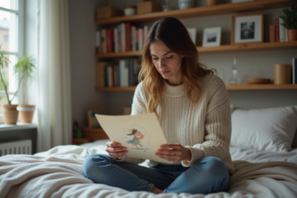 Femme pensant avec dessin d'enfance dans une chambre chaleureuse