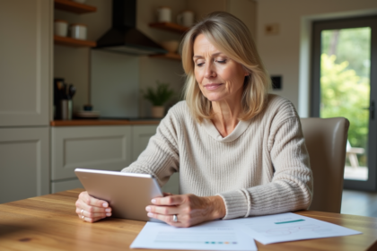 Femme d'âge moyen examine des papiers à la maison