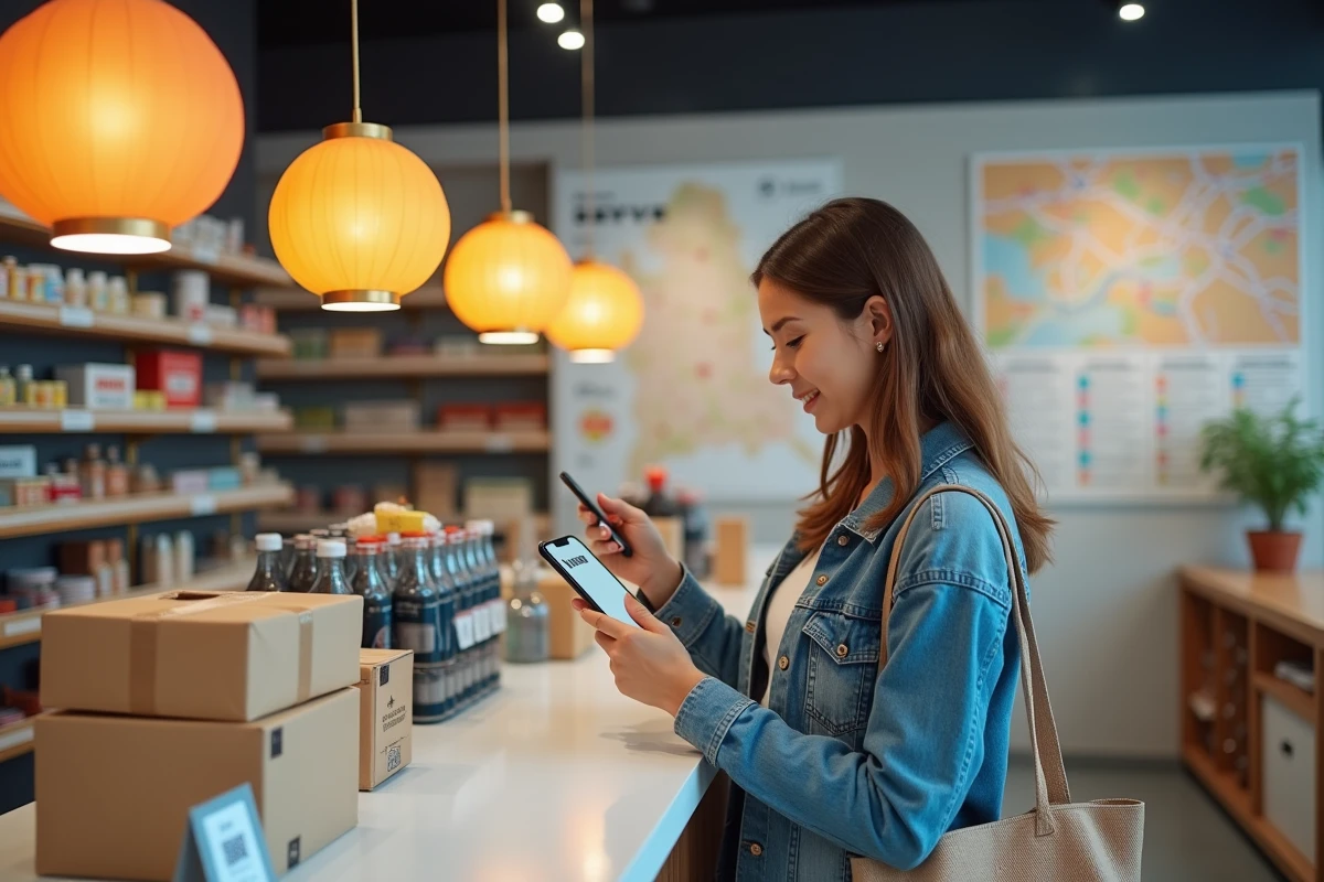 Femme scannant un QR code dans un magasin moderne