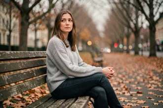 Femme seule assise sur un banc de parc en automne, regard perdu dans le vague, illustrant la douleur de l'amour non réciproque