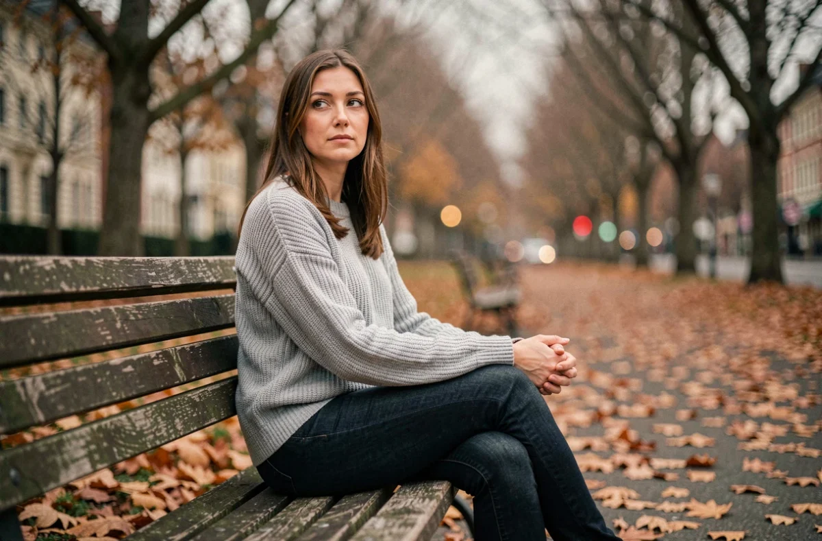 Femme seule assise sur un banc de parc en automne, regard perdu dans le vague, illustrant la douleur de l'amour non réciproque