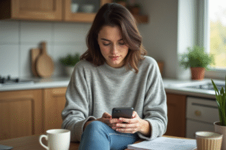 Femme dans sa cuisine moderne utilisant son smartphone