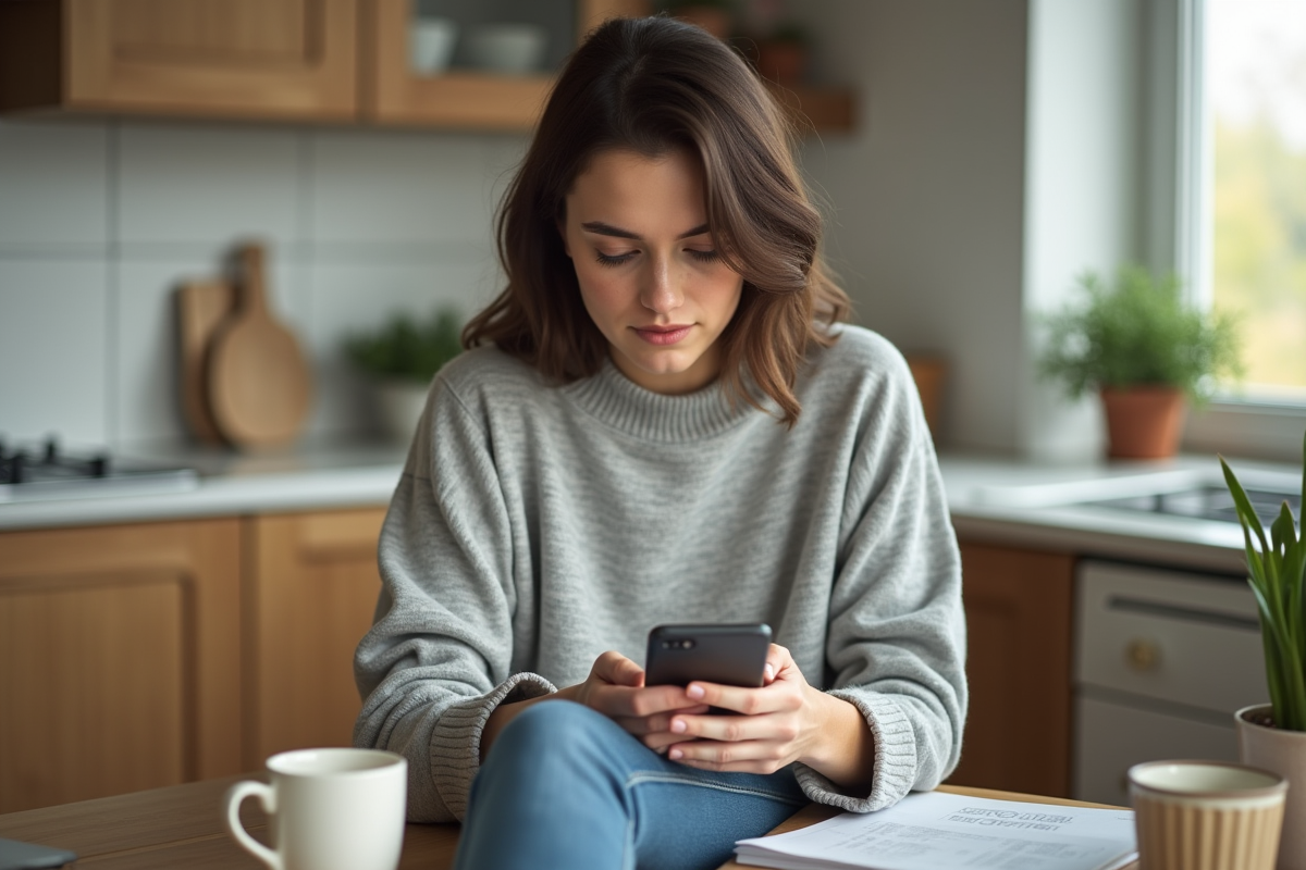 Femme dans sa cuisine moderne utilisant son smartphone