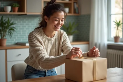 Jeune femme souriante déballant un coffret cadeau dans la cuisine