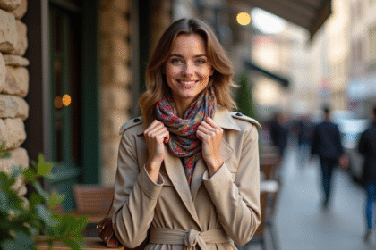 Femme élégante ajustant une écharpe colorée en ville