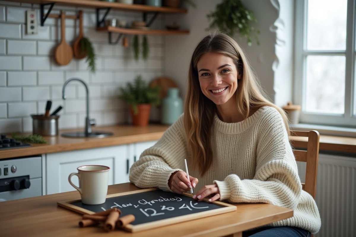 Jeune femme souriante écrivant le compte à rebours de Noël 2026 sur un tableau noir dans une cuisine chaleureuse et décorée