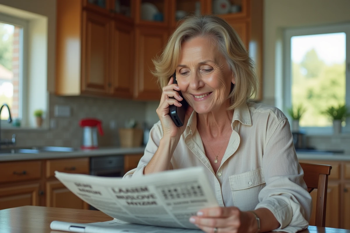 Femme au téléphone portable à la maison dans la cuisine