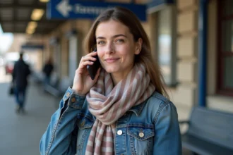 Femme avec veste en denim et écharpe à la gare en France