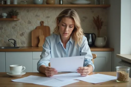 Femme d'affaires dans une cuisine moderne en train de lire des documents