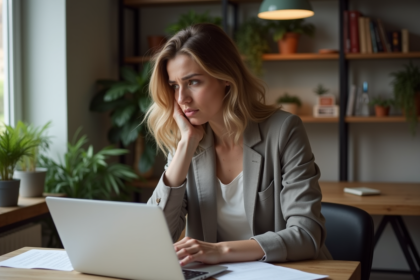 Femme concentrée travaillant sur son ordinateur dans un appartement