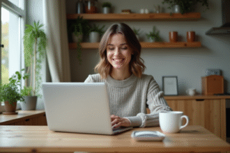 Femme en télétravail dans une cuisine chaleureuse