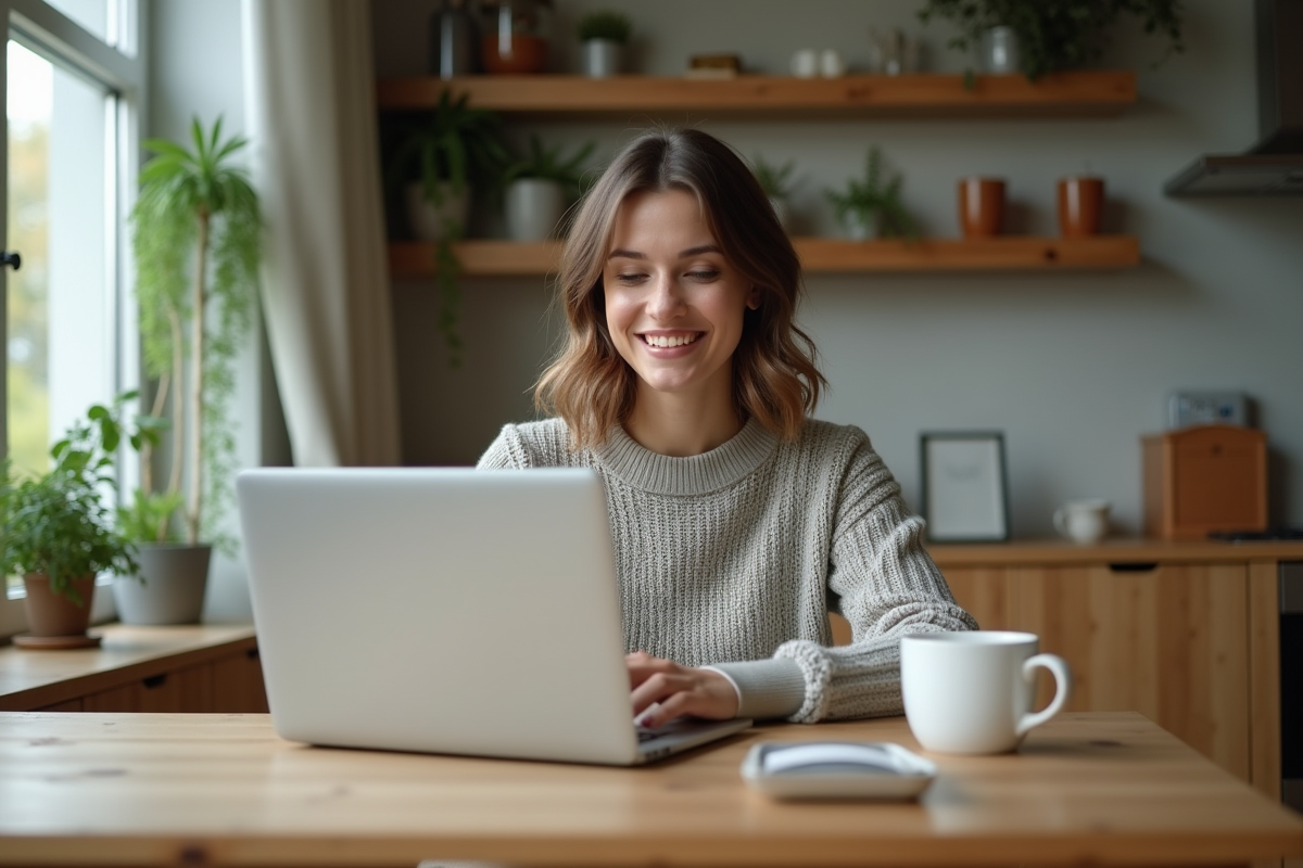 Femme en télétravail dans une cuisine chaleureuse