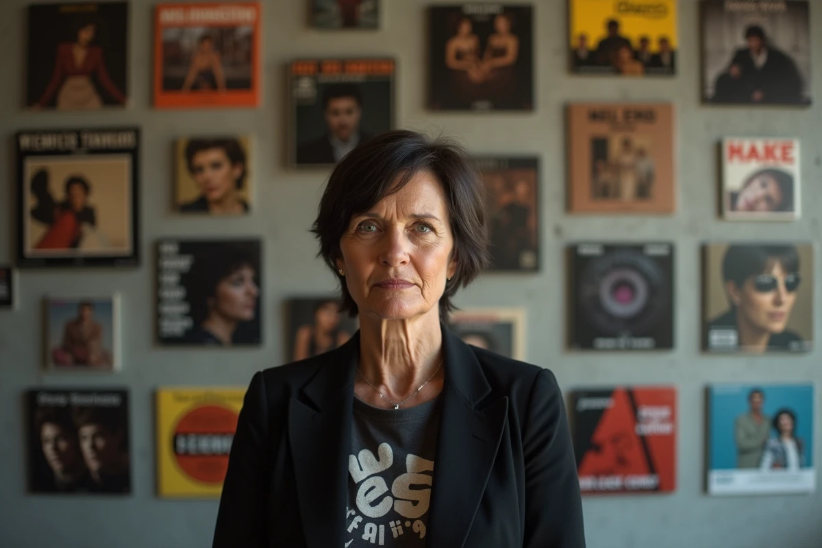 Femme de 60 ans devant affiches de musique vintage