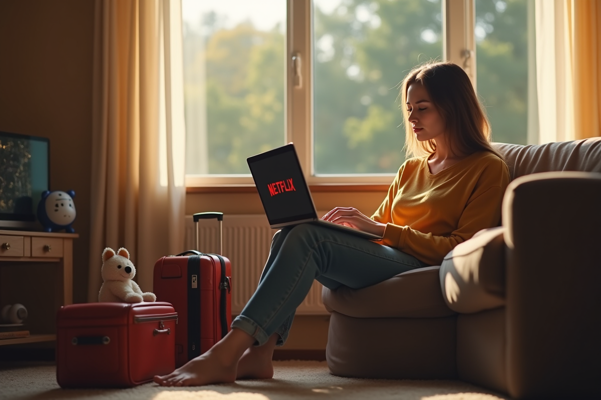 Jeune femme dans un salon cosy avec un ordinateur et valise