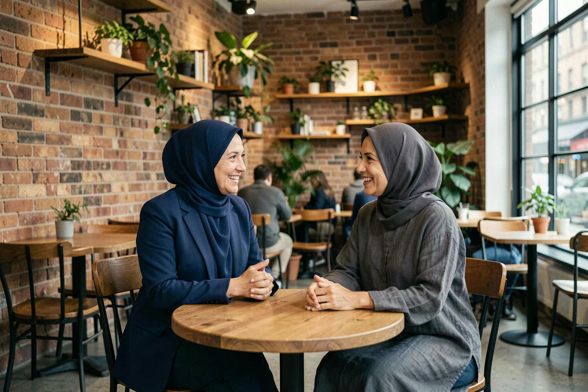 Deux femmes musulmanes en hijab discutant chaleureusement dans un café moderne, symbole de sororité et d'inspiration
