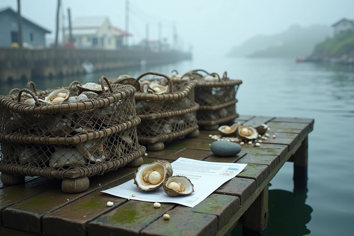 Ferme ostréicole avec huîtres ouvertes et perles récoltées sur un quai en bord de mer