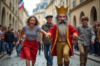 Groupe de français dans une parade avec un roi en papier mâché
