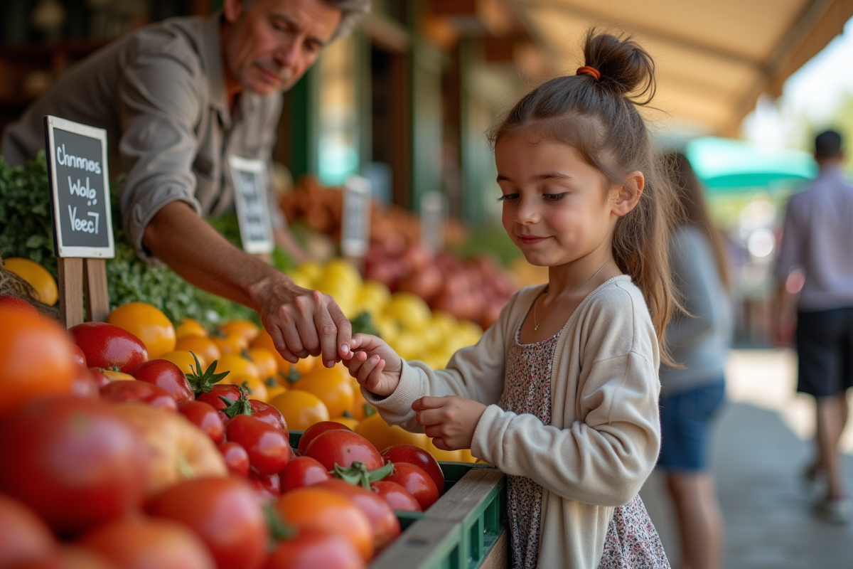 Fille de 10 ans donnant des pièces au vendeur au marché