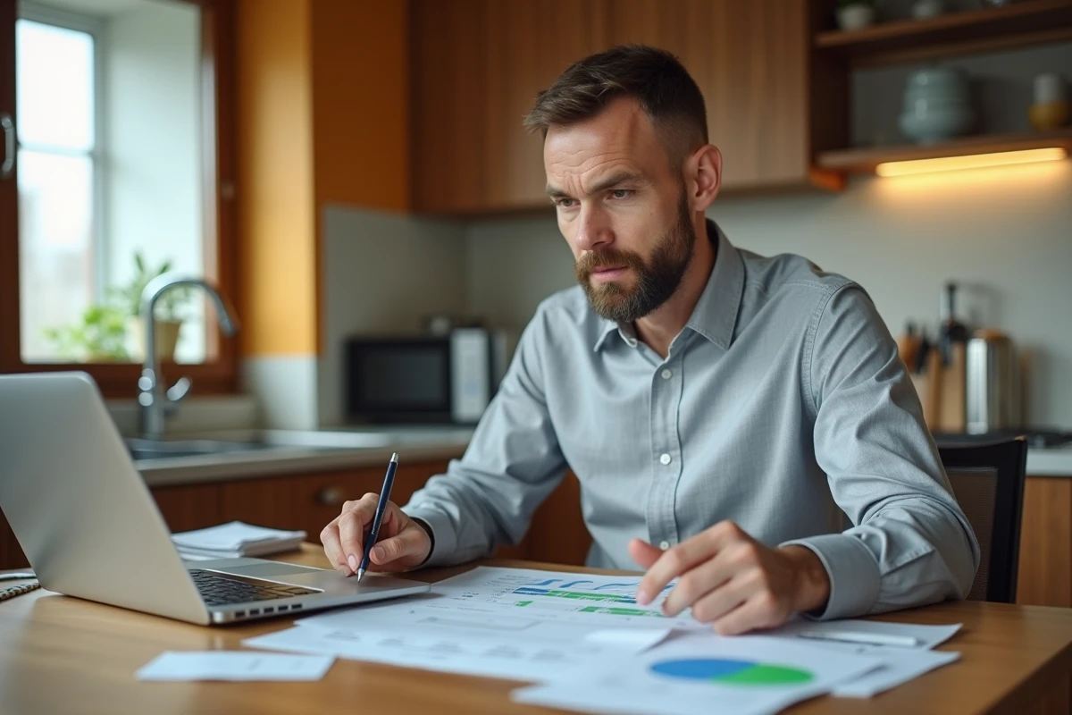 Homme consultant des documents de financement pour un projet d'énergie co-valence à domicile