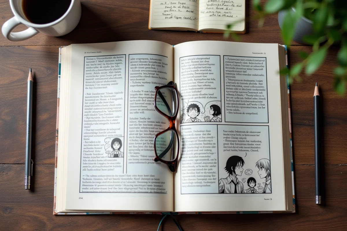 Vue aérienne de deux mangas One Punch Man ouverts en version française et japonaise sur un bureau en chêne avec des notes manuscrites de comparaison