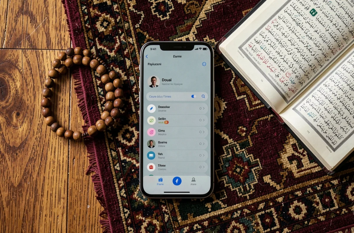 Vue de dessus du téléphone affichant les horaires de prières de Douai posé sur un tapis de prière