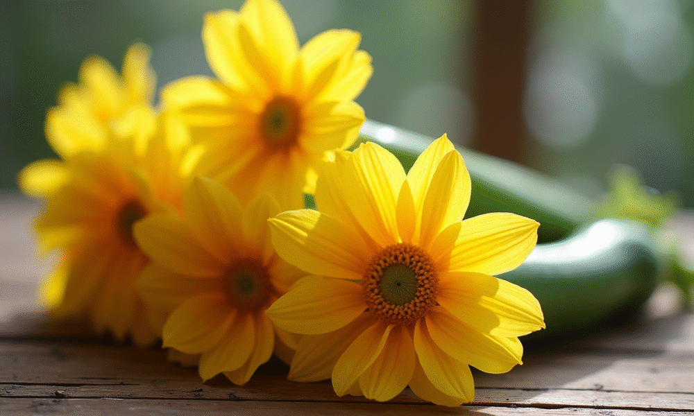 Fleurs de zucchini fraîches sur une table en bois rustique