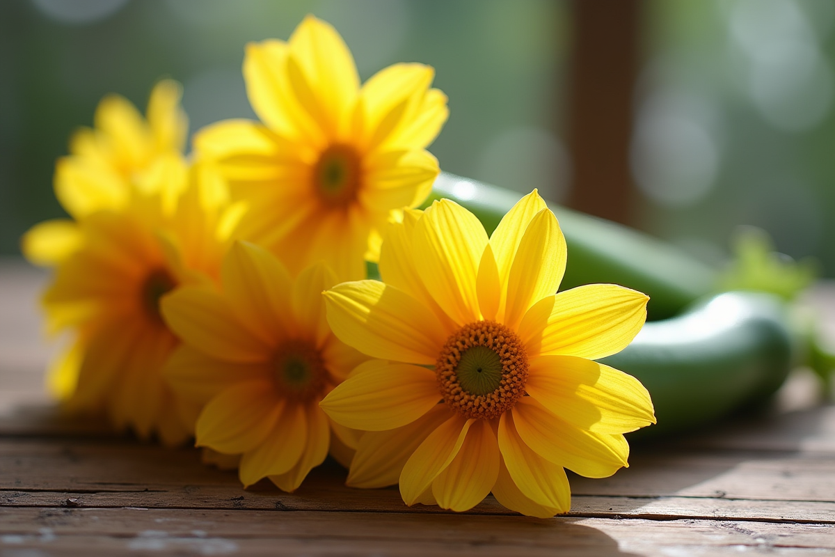 Fleurs de zucchini fraîches sur une table en bois rustique