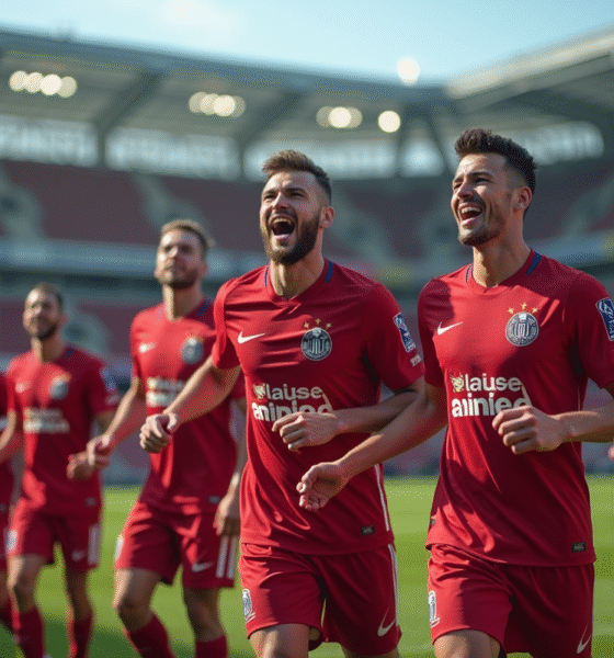 Joueurs d'Amiens SC célébrant sur le terrain en journée