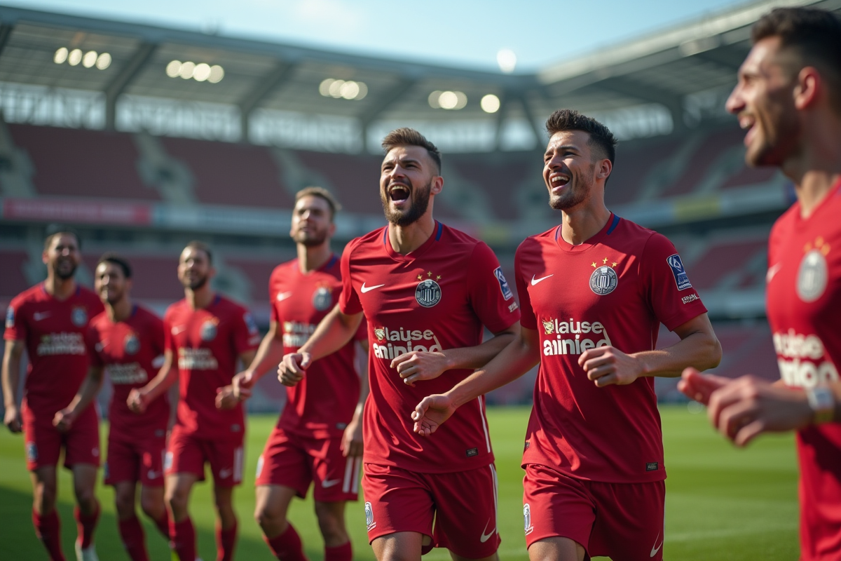 Joueurs d'Amiens SC célébrant sur le terrain en journée