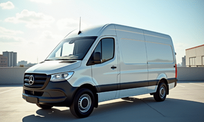 Fourgonnette blanche propre dans un parking urbain ensoleille