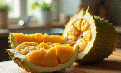 Jackfruit frais coupé sur plan de travail en cuisine