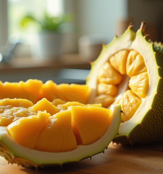 Jackfruit frais coupé sur plan de travail en cuisine