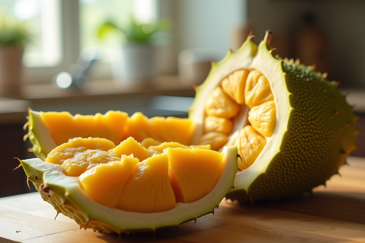 Jackfruit frais coupé sur plan de travail en cuisine