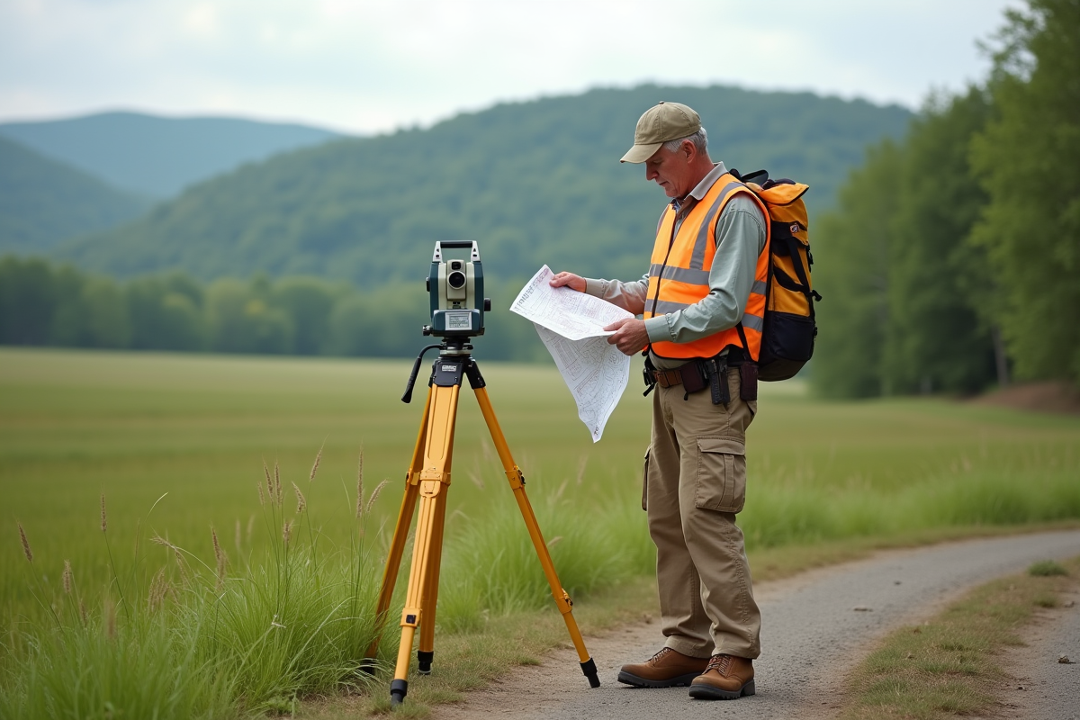 Geometre en plein air avec carte et GPS pour topographie