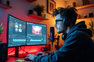 Jeune youtubeur GMK assis à son bureau de création de contenu avec setup professionnel, microphone et double écran