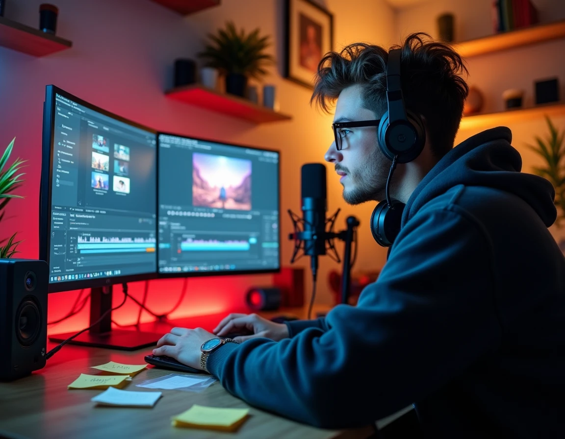 Jeune youtubeur GMK assis à son bureau de création de contenu avec setup professionnel, microphone et double écran