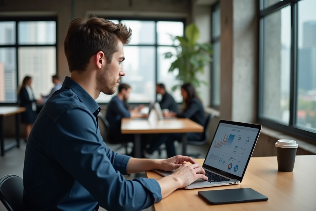 GMK youtubeur entrepreneur analysant ses statistiques et revenus sur ordinateur portable dans un espace de coworking moderne