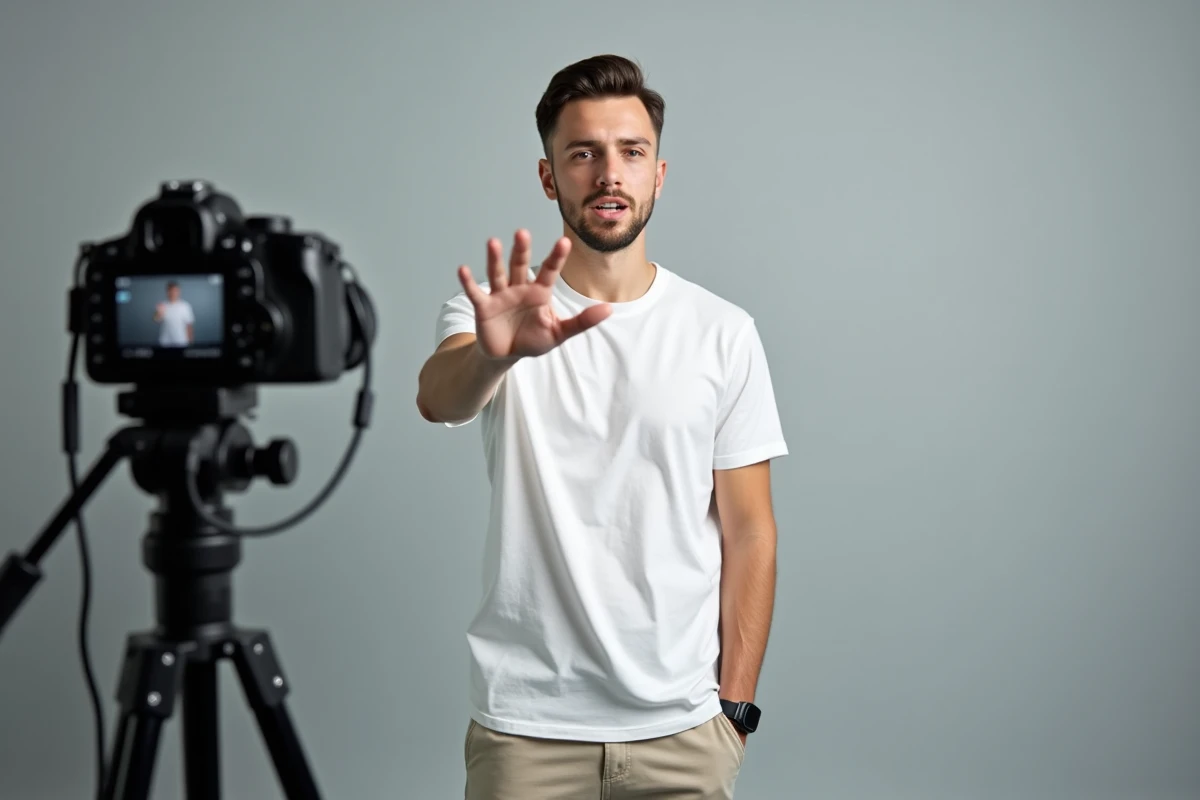 GMK youtubeur en train de filmer une vidéo devant sa caméra sur trépied dans un studio de tournage