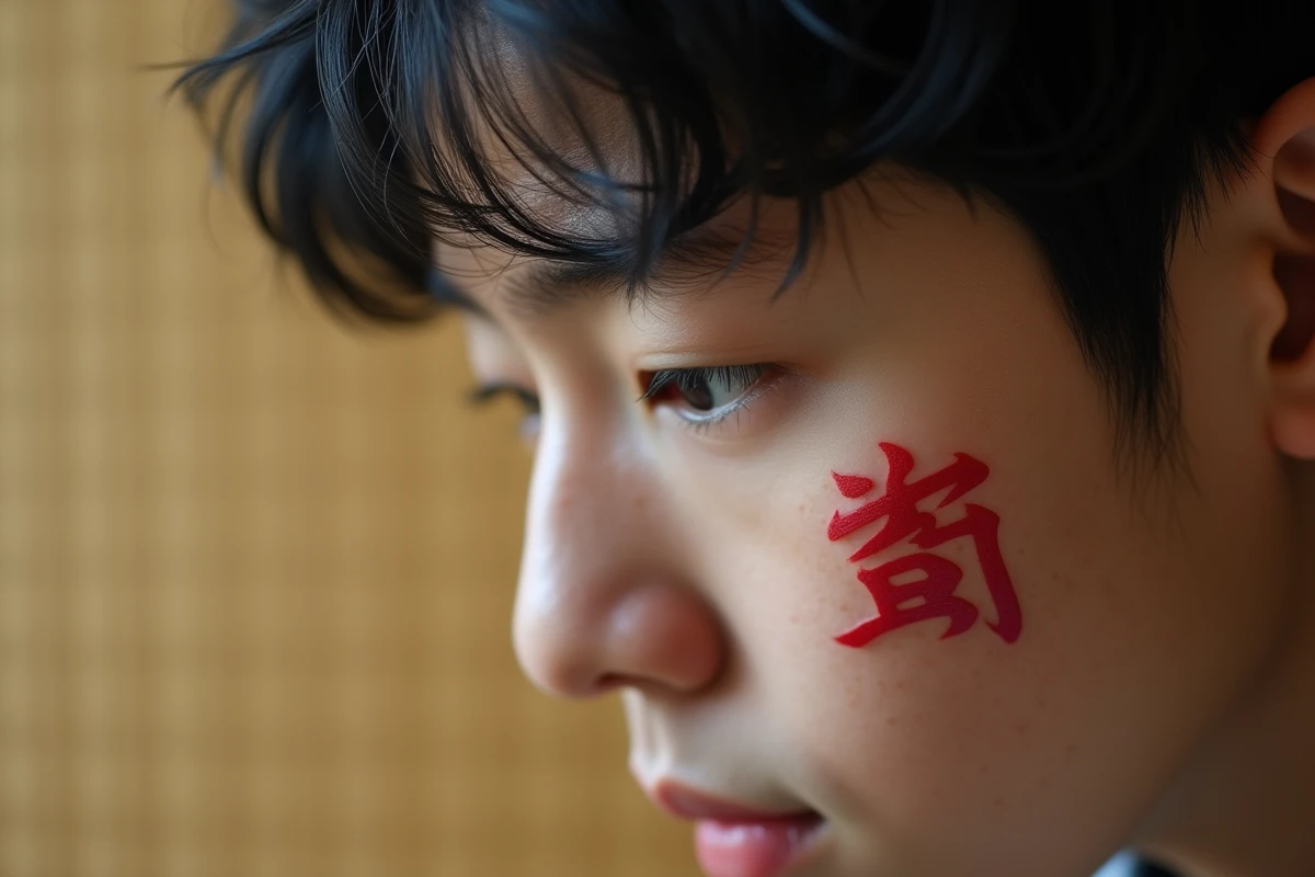 Gros plan sur un tatouage kanji rouge signifiant amour sur la tempe d'un jeune homme, référence au personnage Gaara dans Naruto